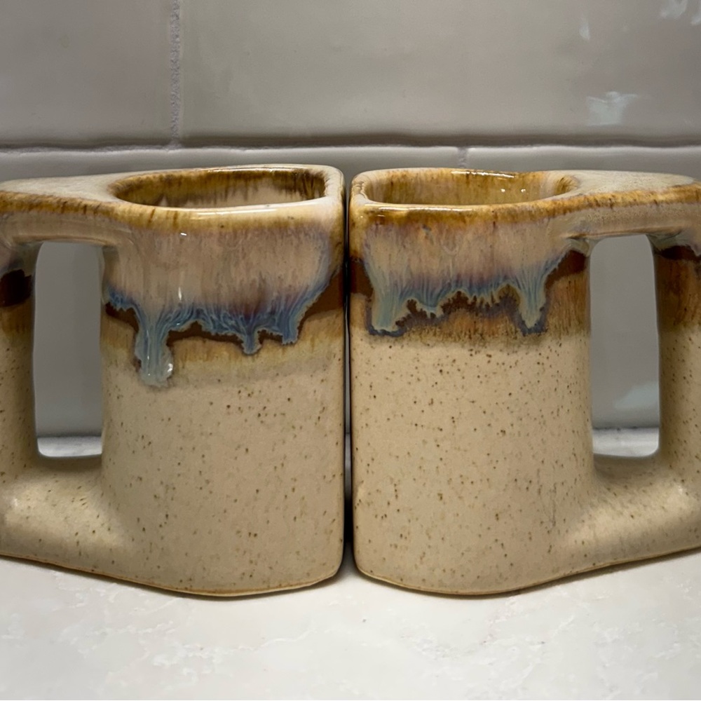 Cream and Blue Stoneware Mugs with Reactive Glaze 3”